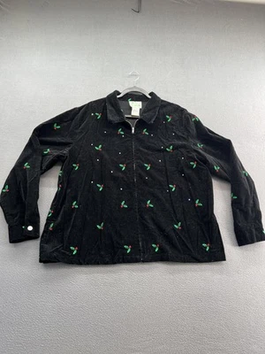 Quacker Factory Jacket Womens 1X Black Zip Front Holly Rhinestone Christmas - Image 1 of 4