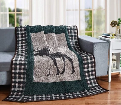 Moose Plaid Quilt Throw – Rustic Cabin-Style Lightweight All-Season Blanket - Image 1 of 3