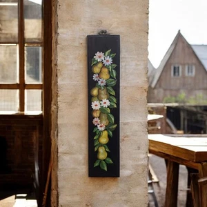 Vintage handbemalt Wandrelief Birnen und Gänseblümchen Blumen Volkskunst 18"x4" - Bild 1 von 16