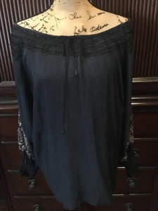 Top contadino Bonnie Strauss nero seta perline manica spalle scoperte taglia L large - Foto 1 di 12