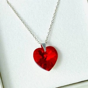Heart Pendant Necklace 925 Silver Red Gift Box Made With Austrian Crystals - Picture 1 of 10