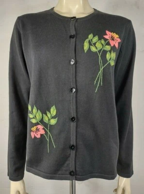 Pendleton Negro Floral Bordado Botón Frontal Cárdigan Suéter Damas Pequeño Foto 1 de 4