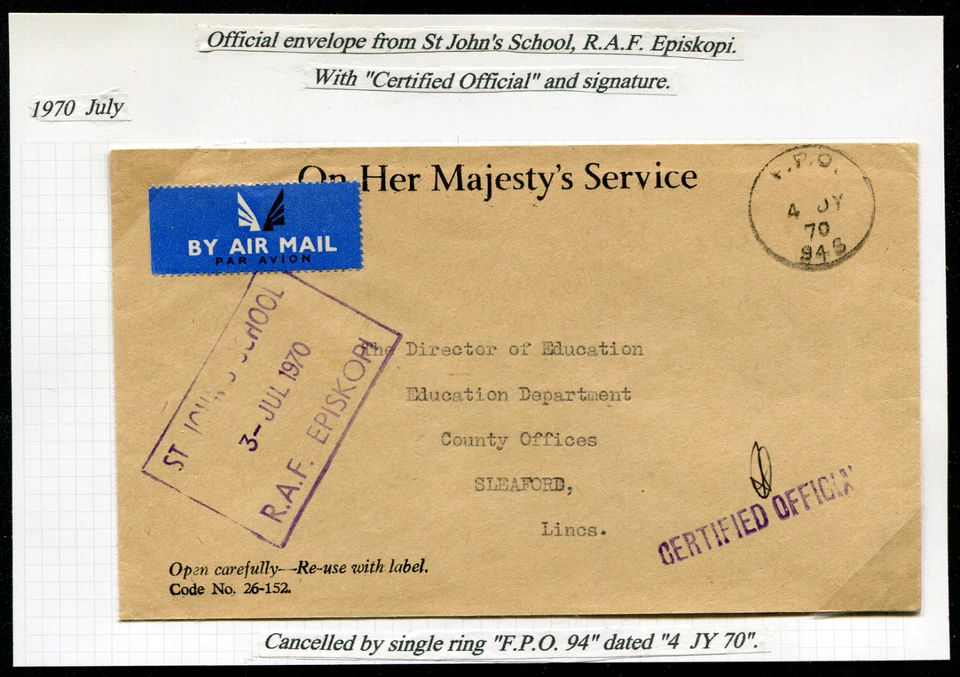 CYPRUS (22068): 1970 F.P.0. 946 with "Certified Official" and signature cover - Image 1 of 1