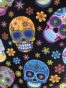 FOLKLORIC SUGAR SKULLS Fabric Cotton Dia De Los Muertos BTHY 18”x44” - Picture 1 of 2