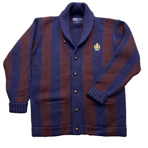 Cardigan vintage POLO RALPH LAUREN uomo blu vino lana scialle colletto stemma XL - Foto 1 di 12