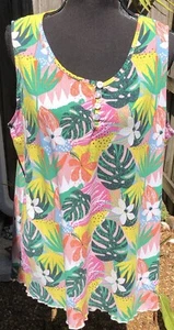 Plus Sz 1X Bright Tropical Print Buttons Accent Tank Top Wide Shoulder Straps - Bild 1 von 15