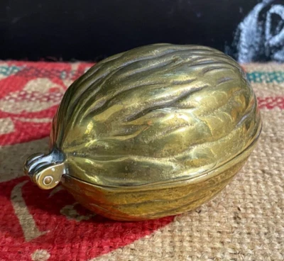 MCM Brass Walnut Shaped Hinged Trinket Box- Italian Made Hollywood Regency Style - Image 1 of 4