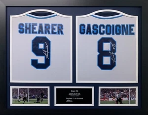 FRAMED GAZZA GASCOIGNE & SHEARER SIGNED ENGLAND EURO 96 FOOTBALL SHIRTS & PROOF - Picture 1 of 5