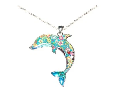 Collar colgante grande con acabado plateado de 1,8 pulgadas con esmalte de flores azul océano Foto 1 de 4