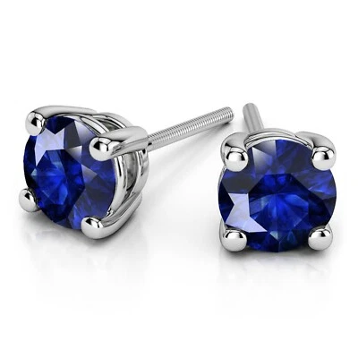 Blue Sapphire Round Cut Gemstone 925 Sterling Silver handmade Stud Earrings - Image 1 of 3