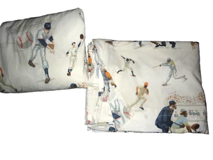 POTTERY BARN KIDS SPORTS BASEBALL BLUE BROWN (2P) TWIN FITTED & FLAT SHEET set - Picture 1 of 7