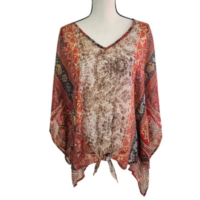 One World Womens XL SemiSheer Top Blouse V-Neck Front Tie Multicolor Artsy Boho - Image 1 of 4