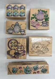 TEA PARTY SET Of 6 Hero Arts Wood Rubber Stamps Teapot Cup Canisters Tea Set - Picture 1 of 9