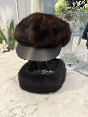 Luxury Real MINK FUR Dark Black Brown Visor Hat Cap & Scarf Set - Image 1 of 4