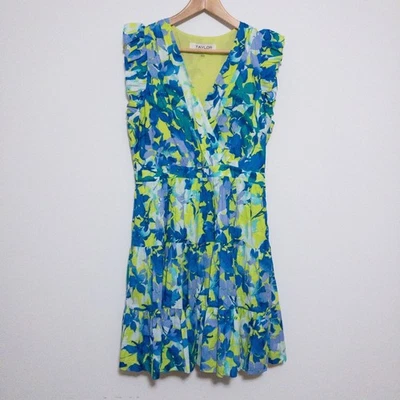 Vestido Taylor Mujer L Azul Verde Floral Forrado Bolsillos 100% Algodón Nivel Volantes Nuevo Foto 1 de 4
