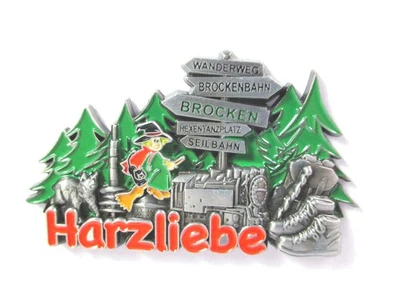 WORLDSOUVENIRS Harz Magnet Metall Harzliebe Brocken Seilbahn Hexentanzplatz Souvenir Germany
