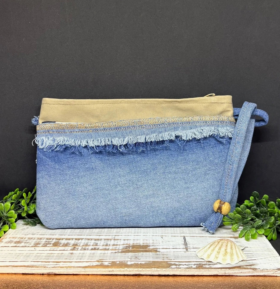 Bolso sin asas con flecos de mezclilla caqui cartera boho de muñeca 9,5"x6,25" Foto 1 de 1