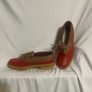 VTG LANDS END Ankle Duck Rain Boots Flannel Lined Red and Blue Women’s Sz 8 EUC - Picture 1 of 3