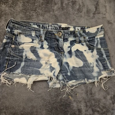 Y2K River Island Amie Bee Logo Low Rise Bleach Tie Dye Denim Shorts UK 10 - Image 1 of 4