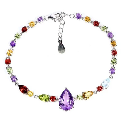 925 Sterling Silver Bracelet Pear Amethyst Citrine Garnet Topaz Gemstone 7.5 Ins - Image 1 of 4
