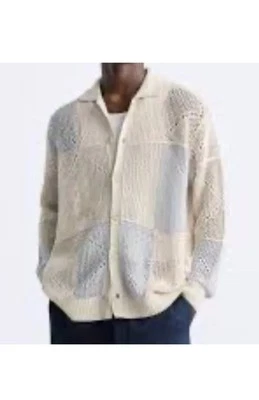 Cárdigan con cuello abotonado ganchillo de algodón piedra y pizarra ZARA para hombre - S-M B87 Foto 1 de 4