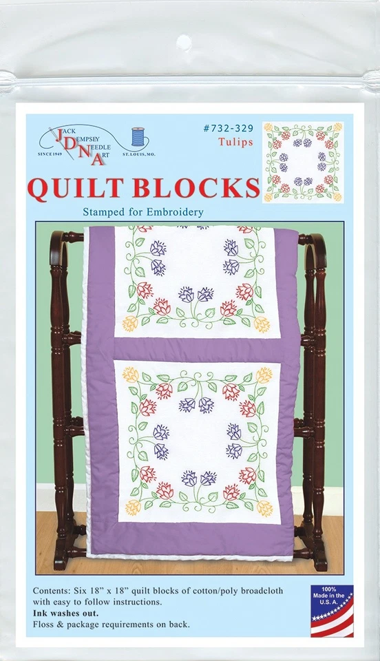 Jack Dempsey Stamped White Quilt Blocks 18"X18" 6/Pkg-Tulips