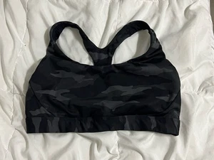 Athleta Ultimate Printed Sports Bra Size S/M Camo Black Gray Medium Impact - Picture 1 of 9