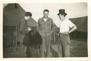Photograph WW2 US Army Soldiers Candid Humor Soldier In Top Hat Field Photo 1944 - Picture 1 of 2