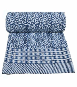 Indian Cotton Hand Block Print Kantha Bedspread Quilt Twin Size Blanket Throw - Picture 1 of 3