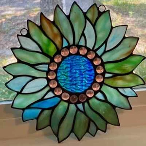 11" Tiffany Style Stained Glass Green Blue Floral Flower Window Panel Suncatcher - Imagen 1 de 4