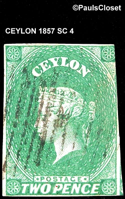 CEYLON 1857 SC 4 QUEEN VICTORIA 2p VERDE PROFUNDO IMPERFORADO UNG PARRILLA CNX FINA Foto 1 de 2