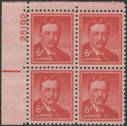 Plate Block of 4 stamps - Scott 1039 - 6 cent - Theodore Roosevelt - 1955 - MNH - Image 1 of 1