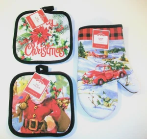 Neu Holiday Time 3-teiliges Küchenset Frohe Weihnachten Topflappen Ofenhandschuh, Weihnachtsmann - Bild 1 von 2