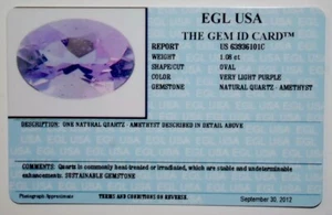 AMETHYST VERY LIGHT PURPLE OVAL 1.08CT EGL USA CERTIFIED LABORATORY GEM ID CARD - Picture 1 of 3