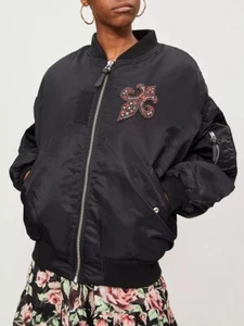 The Kooples Black Oversized Bomber Jacket Embellished Fleur De Lis Sz 1 / S NWT - Picture 1 of 12