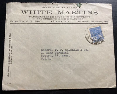 1936 Sao Pablo Brasil Publicidad Cubierta a Boston MA EE. UU. White Martins Foto 1 de 2