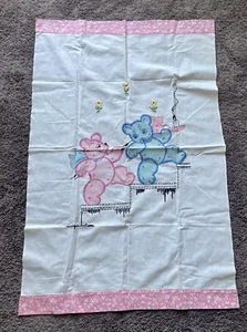 Vintage Embroidered Baby Blanket Light Weight Cotton 47x29 Pink Blue Bears Crib - Picture 1 of 6
