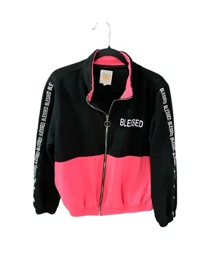 Cali 1850 Womens 1X Jacket Coat Pink black Blessed Spellout Pockets Long Sleeve - Image 1 of 4