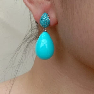 16x23mm Turquoise Sea Shell Teardrop Cz Pave Stud Earrings For Women - Picture 1 of 6