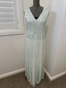 Asos Green Silver Maya deluxe 20s Deco gatsby beaded Sequin Formal Dress UK 10 - Picture 1 of 20
