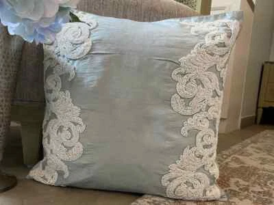 Square Cushion Case Blue 16"x16", Sofa Decor Silk French Toile - White Waters - Image 1 of 4
