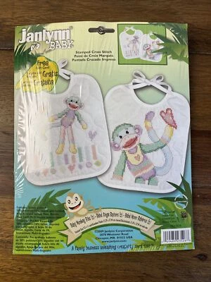 JANLYNN SET OF 2 STAMPED CROSS STITCH BABY MONKEY BIBS KIT 023-0526 NIP - Image 1 of 2