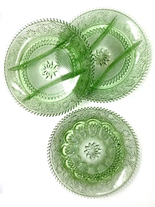 Piatti in vetro vintage Indiana margherita verde depressione set 3 pezzi festa - Foto 1 di 10