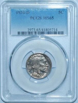 1934 D PCGS MS65 Buffalo Nickel Unusually Reflective Semi Prooflike Surfaces - Image 1 of 2