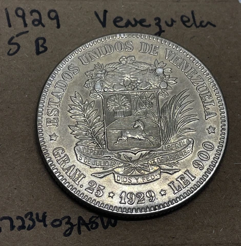 VENEZUELA 🇻🇪 Simon Bolivar - 5 Bolivares - 1929 - Y# 24.2 - Large Silver Crown Cover