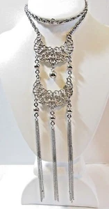 Vintage Necklace Long Dangle Tassels Double Silver Tone Wide Accents - Picture 1 of 4