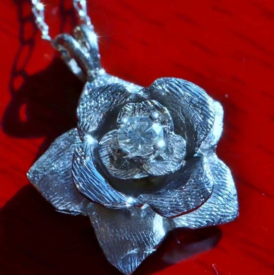 14k white gold flower pendant 0.10c natural diamond 15.5" necklace antique 2.54g - Image 1 of 4