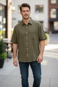 Camisa de manga corta Quince para hombre con botones marrón XL algodón orgánico informal cómoda - Imagen 1 de 8