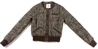 Forever 21 I Love H81 Tweed Bomber Jacket M Brown Faux Leather Zip Plaid Lined - Image 1 of 4