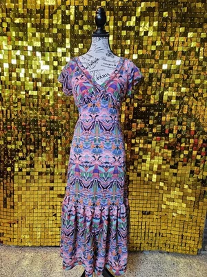 Vestido Maxi A-line Flowy Vanessa Virginia EUA Tamanho 4 Rosa Laranja Azul Verde - Imagem 1 de 4